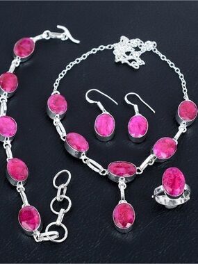 925 stealing Silver & naturalPink Ruby Necklace, Bracelet, Earrings and Ring Set